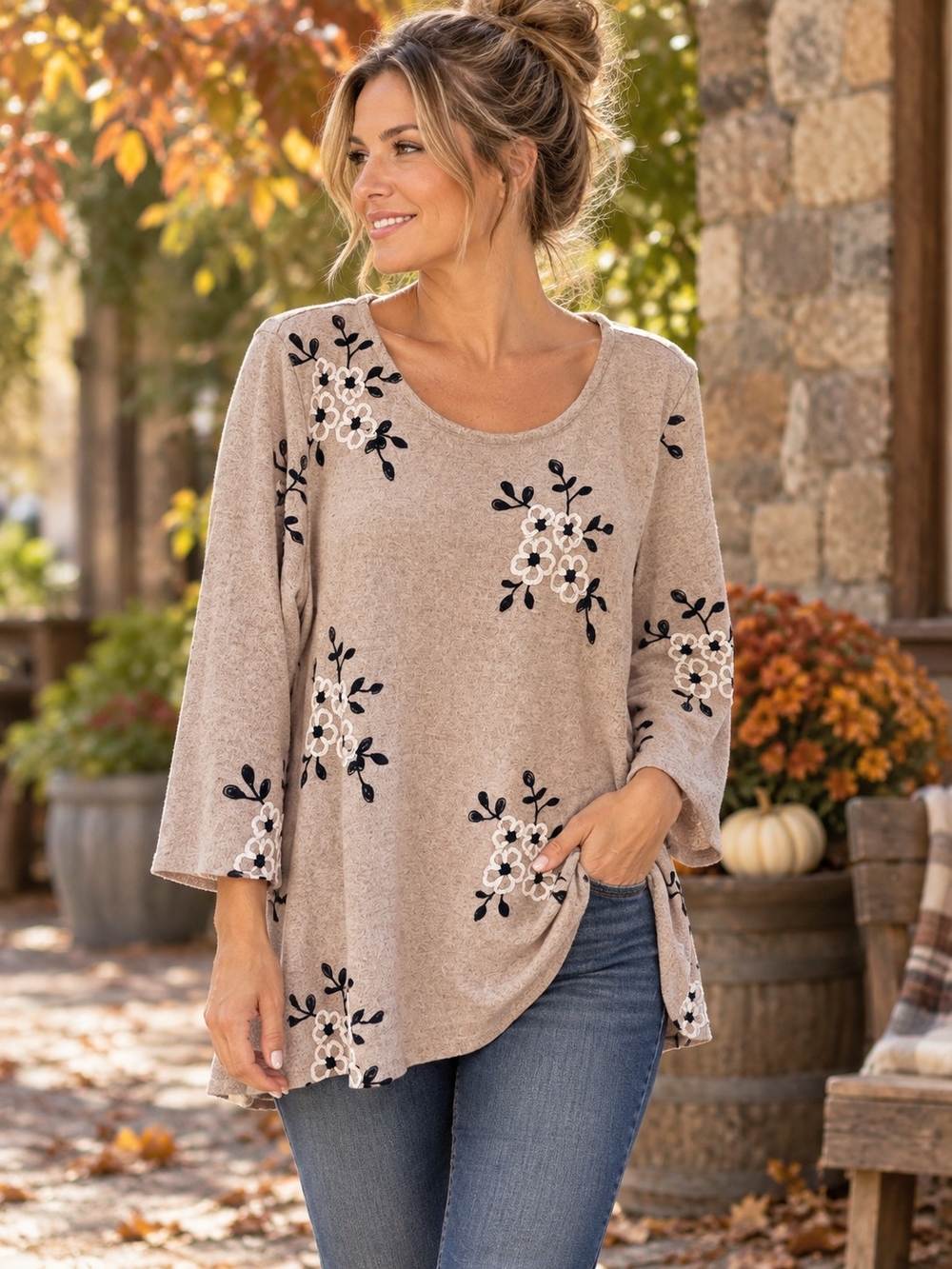 Kindred 3X Embroidered Floral Tunic Top Beige Black Boho Cottagecore Plus Size